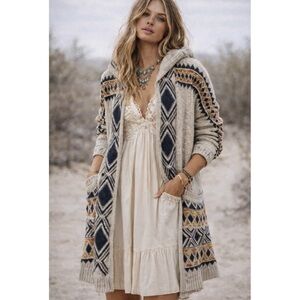 Lucky Brand Boho Western Aztec Hooded Open Cardigan Sweater Size Large